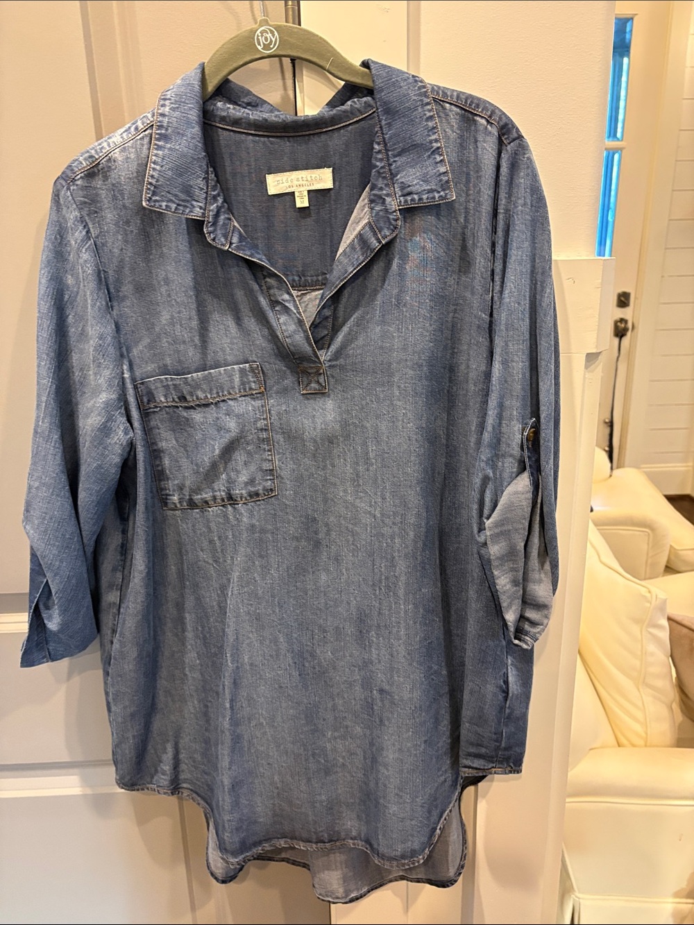 Side Stitch Denim Chambray Tunic - Blue